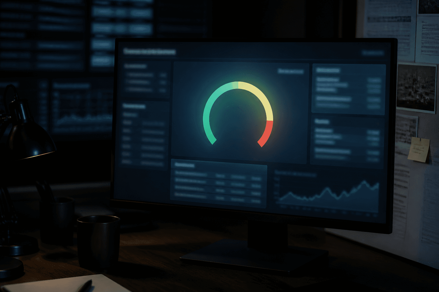 Analyst workstation with a glowing circular score graphic