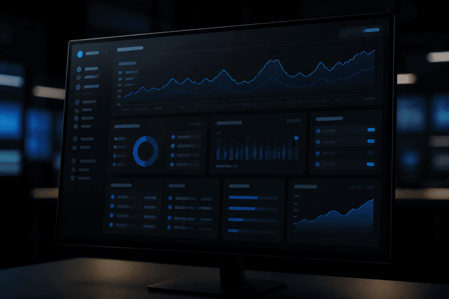 Dark financial dashboard on a quiet operations monitor
