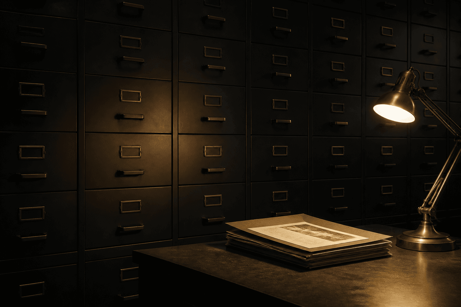 Archive wall with dark metal drawers and a single light
